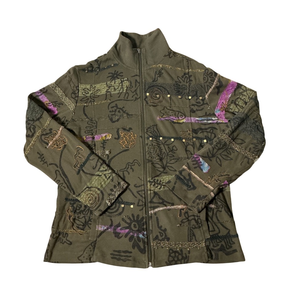 Chicos Bohemian Lagenlook Mixed Media Embroidered Zip Jacket Art to Wear Sz 1